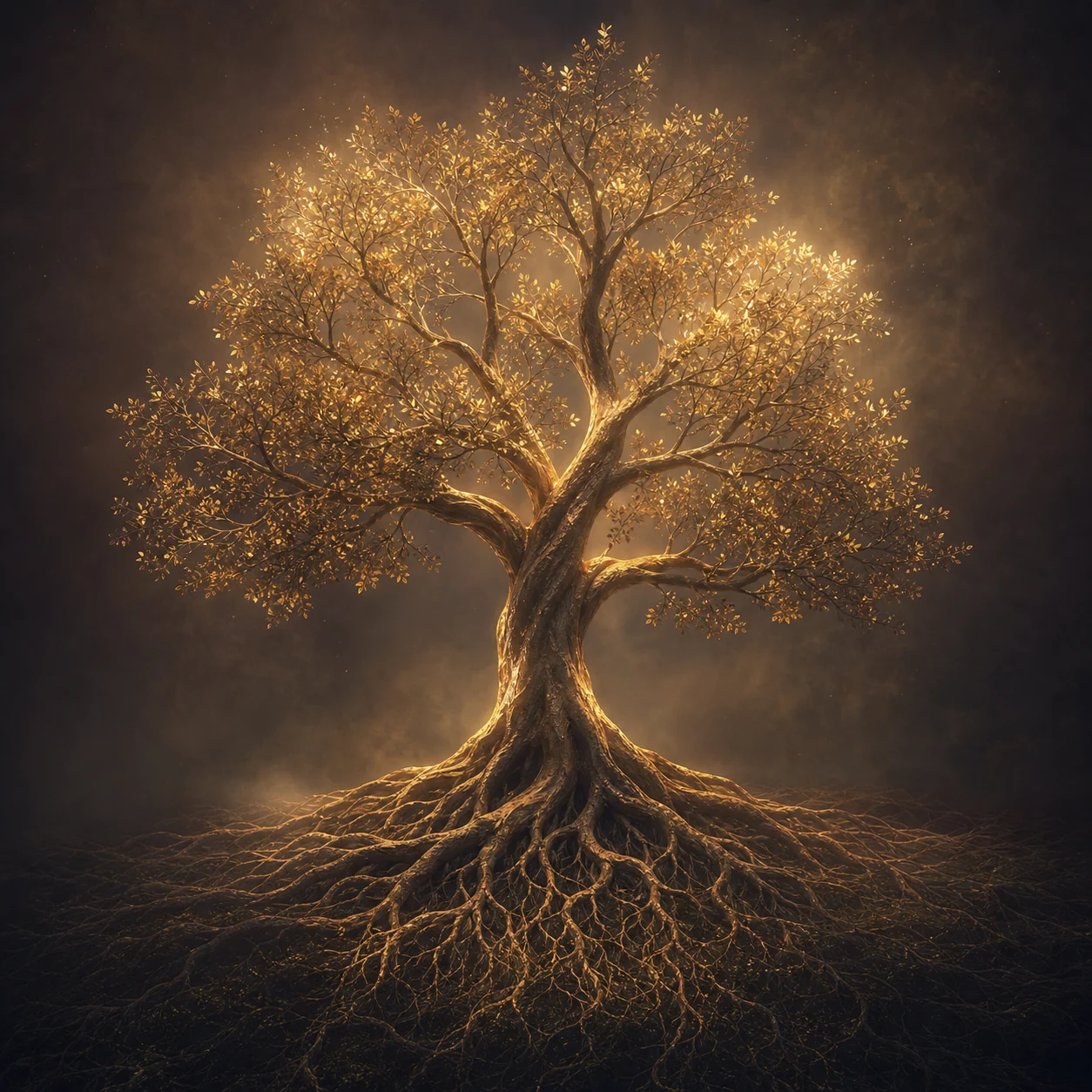 Golden spiritual tree with deep roots